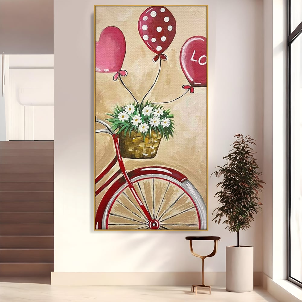Tablou canvas cu pictura cu bicicleta vintage si baloane, in rama de aluminiu auriu
